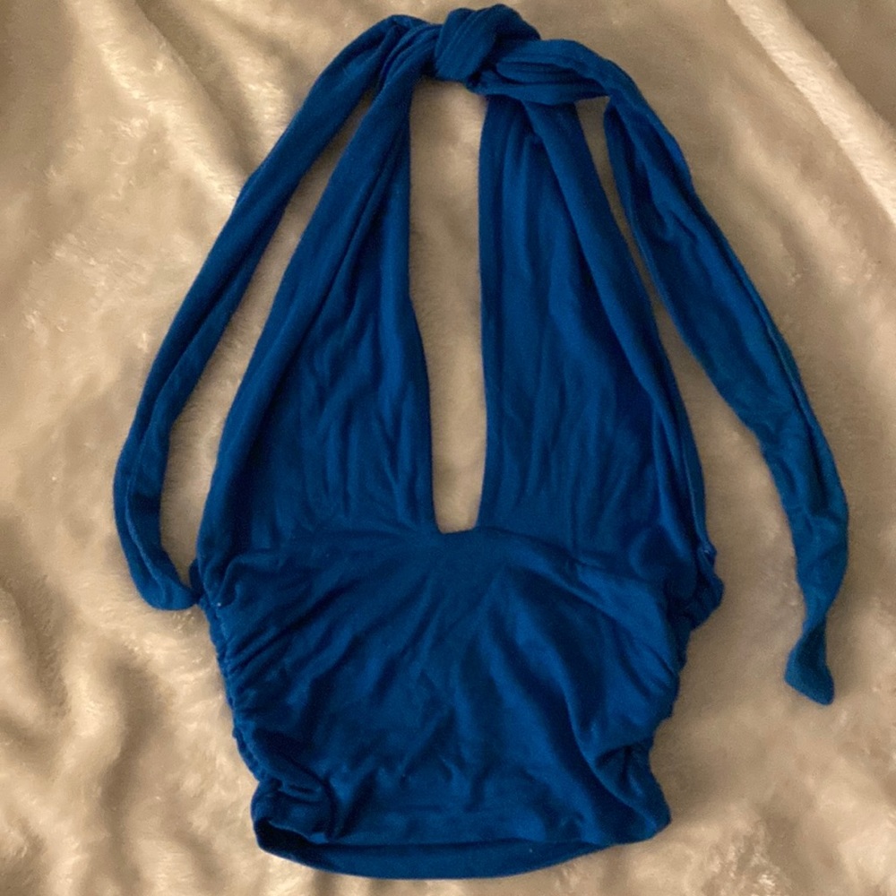 Blue tie around neck crop top